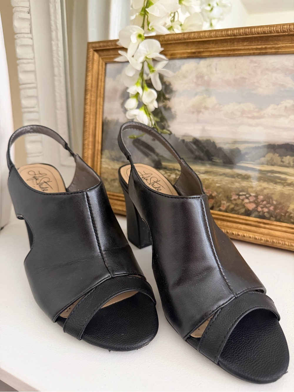 Life Stride Black Peep-Toe Slingback Block Heels